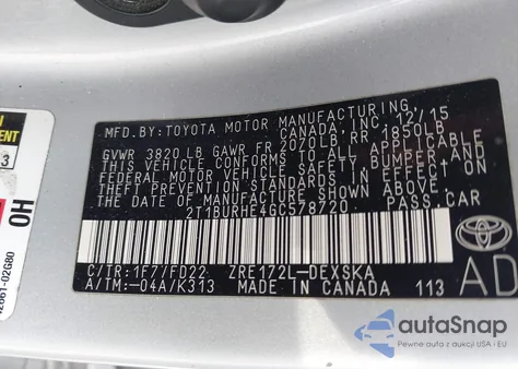 2016 Toyota Corolla S Plus z USA, uszkodzony, nr VIN 2T1BURHE4GC578720